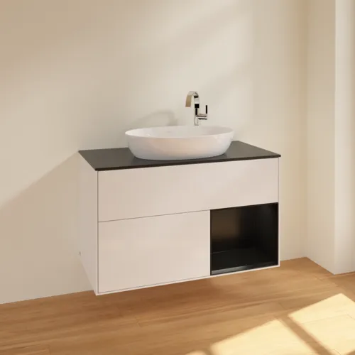 Bild von VILLEROY BOCH Finion Waschbeckenunterschrank, mit Beleuchtung, 2 Auszüge, 1000 x 603 x 501 mm, Glossy White Lacquer / Black Matt Lacquer / Glass Black Matt #F902PDGF
