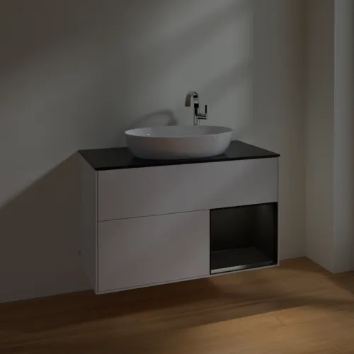 Bild von VILLEROY BOCH Finion Waschbeckenunterschrank, mit Beleuchtung, 2 Auszüge, 1000 x 603 x 501 mm, Glossy White Lacquer / Black Matt Lacquer / Glass Black Matt #F902PDGF