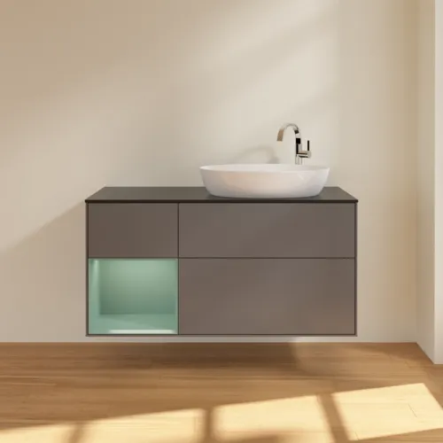 Bild von VILLEROY BOCH Finion Waschbeckenunterschrank, mit Beleuchtung, 3 Auszüge, 1200 x 603 x 501 mm, Anthracite Matt Lacquer / Olive Matt Lacquer / Glass Black Matt #F922GMGK