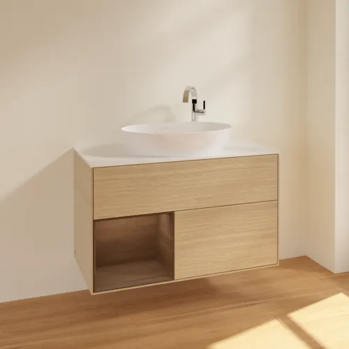 VILLEROY BOCH Finion Waschbeckenunterschrank, mit Beleuchtung, 2 Auszüge, 1000 x 603 x 501 mm, Oak Veneer / Walnut Veneer / Glass White Matt #F891GNPC, Bild 2