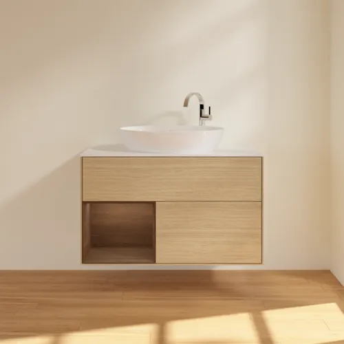 VILLEROY BOCH Finion Waschbeckenunterschrank, mit Beleuchtung, 2 Auszüge, 1000 x 603 x 501 mm, Oak Veneer / Walnut Veneer / Glass White Matt #F891GNPC, Bild 3