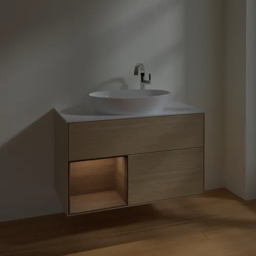 VILLEROY BOCH Finion Waschbeckenunterschrank, mit Beleuchtung, 2 Auszüge, 1000 x 603 x 501 mm, Oak Veneer / Walnut Veneer / Glass White Matt #F891GNPC, Bild 5