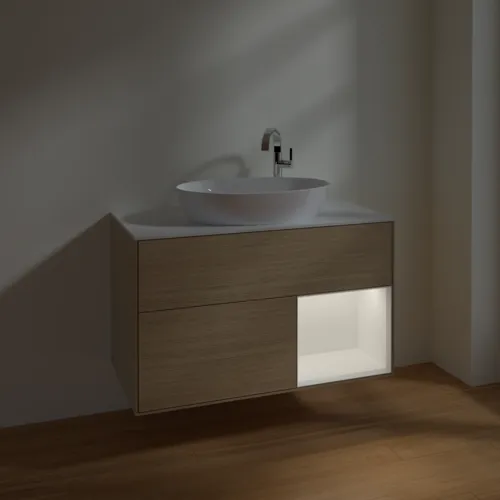 VILLEROY BOCH Finion Waschbeckenunterschrank, mit Beleuchtung, 2 Auszüge, 1000 x 603 x 501 mm, Oak Veneer / White Matt Lacquer / Glass White Matt #F901MTPC, Bild 5