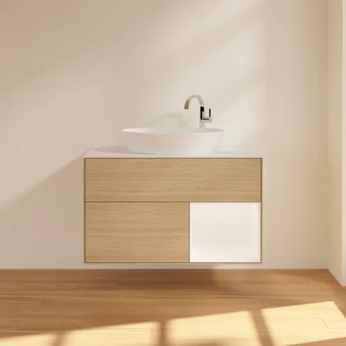 VILLEROY BOCH Finion Waschbeckenunterschrank, mit Beleuchtung, 2 Auszüge, 1000 x 603 x 501 mm, Oak Veneer / White Matt Lacquer / Glass White Matt #F901MTPC, Bild 3
