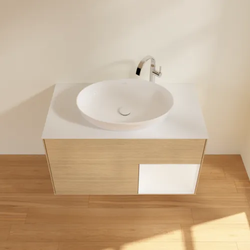 VILLEROY BOCH Finion Waschbeckenunterschrank, mit Beleuchtung, 2 Auszüge, 1000 x 603 x 501 mm, Oak Veneer / White Matt Lacquer / Glass White Matt #F901MTPC, Bild 4