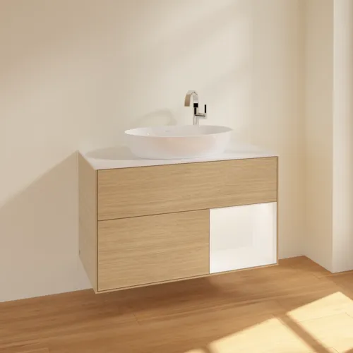 VILLEROY BOCH Finion Waschbeckenunterschrank, mit Beleuchtung, 2 Auszüge, 1000 x 603 x 501 mm, Oak Veneer / White Matt Lacquer / Glass White Matt #F901MTPC, Bild 2