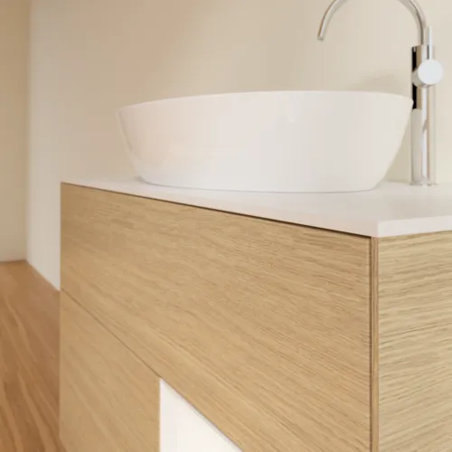 VILLEROY BOCH Finion Waschbeckenunterschrank, mit Beleuchtung, 2 Auszüge, 1000 x 603 x 501 mm, Oak Veneer / White Matt Lacquer / Glass White Matt #F901MTPC, Bild 6