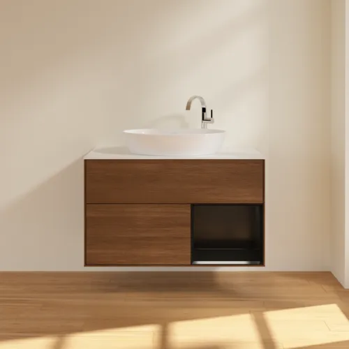 VILLEROY BOCH Finion Waschbeckenunterschrank, mit Beleuchtung, 2 Auszüge, 1000 x 603 x 501 mm, Walnut Veneer / Black Matt Lacquer / Glass White Matt #F901PDGN, Bild 3