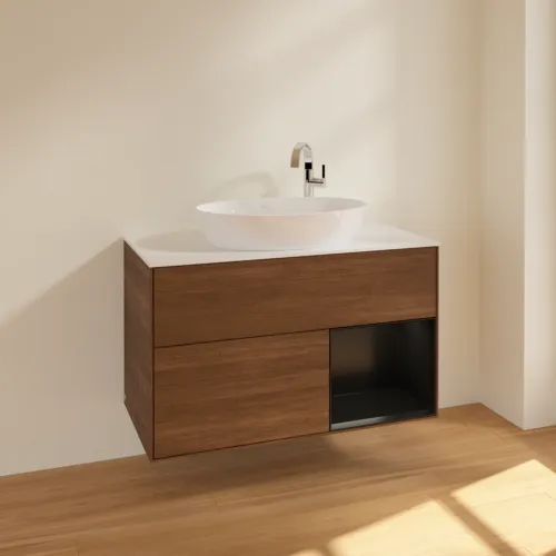 VILLEROY BOCH Finion Waschbeckenunterschrank, mit Beleuchtung, 2 Auszüge, 1000 x 603 x 501 mm, Walnut Veneer / Black Matt Lacquer / Glass White Matt #F901PDGN, Bild 2