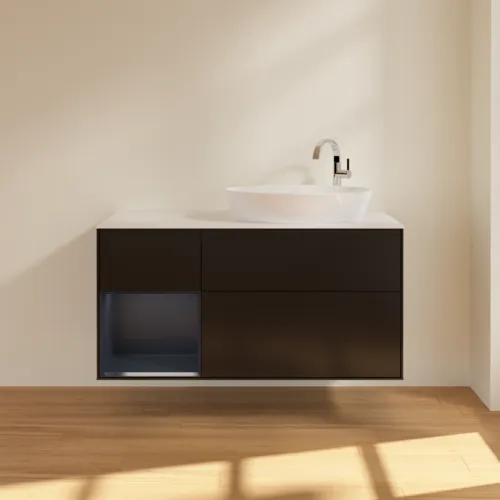 Bild von VILLEROY BOCH Finion Waschbeckenunterschrank, mit Beleuchtung, 3 Auszüge, 1200 x 603 x 501 mm, Black Matt Lacquer / Midnight Blue Matt Lacquer / Glass White Matt #F921HGPD