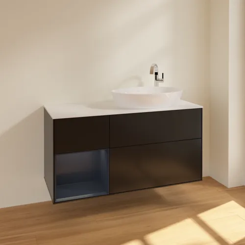 Bild von VILLEROY BOCH Finion Waschbeckenunterschrank, mit Beleuchtung, 3 Auszüge, 1200 x 603 x 501 mm, Black Matt Lacquer / Midnight Blue Matt Lacquer / Glass White Matt #F921HGPD