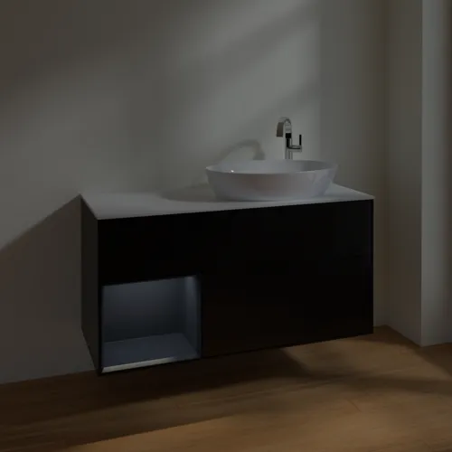 Bild von VILLEROY BOCH Finion Waschbeckenunterschrank, mit Beleuchtung, 3 Auszüge, 1200 x 603 x 501 mm, Black Matt Lacquer / Midnight Blue Matt Lacquer / Glass White Matt #F921HGPD
