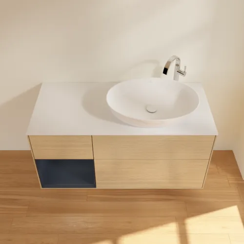 Bild von VILLEROY BOCH Finion Waschbeckenunterschrank, mit Beleuchtung, 3 Auszüge, 1200 x 603 x 501 mm, Oak Veneer / Midnight Blue Matt Lacquer / Glass White Matt #F921HGPC