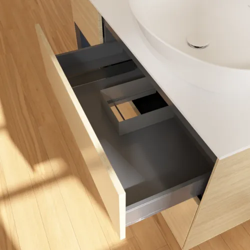 Bild von VILLEROY BOCH Finion Waschbeckenunterschrank, mit Beleuchtung, 3 Auszüge, 1200 x 603 x 501 mm, Oak Veneer / Midnight Blue Matt Lacquer / Glass White Matt #F921HGPC