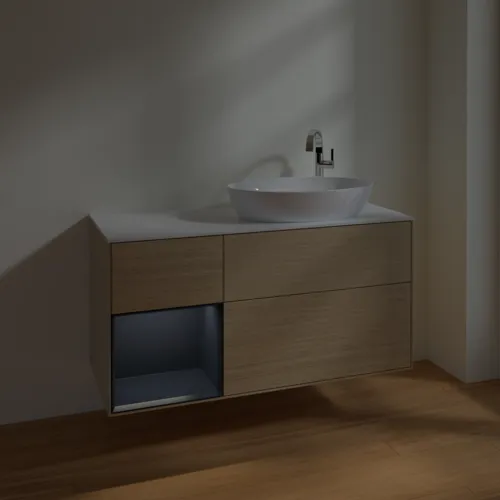 Bild von VILLEROY BOCH Finion Waschbeckenunterschrank, mit Beleuchtung, 3 Auszüge, 1200 x 603 x 501 mm, Oak Veneer / Midnight Blue Matt Lacquer / Glass White Matt #F921HGPC