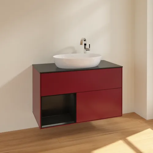 Bild von VILLEROY BOCH Finion Waschbeckenunterschrank, mit Beleuchtung, 2 Auszüge, 1000 x 603 x 501 mm, Peony Matt Lacquer / Black Matt Lacquer / Glass Black Matt #F892PDHB