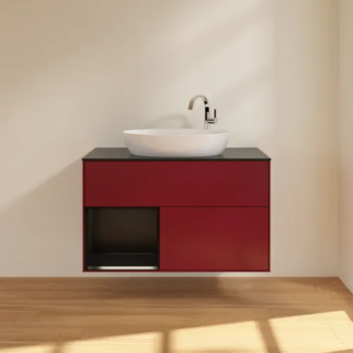 Bild von VILLEROY BOCH Finion Waschbeckenunterschrank, mit Beleuchtung, 2 Auszüge, 1000 x 603 x 501 mm, Peony Matt Lacquer / Black Matt Lacquer / Glass Black Matt #F892PDHB