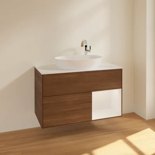 Bild von VILLEROY BOCH Finion Waschbeckenunterschrank, mit Beleuchtung, 2 Auszüge, 1000 x 603 x 501 mm, Walnut Veneer / Glossy White Lacquer / Glass White Matt #F901GFGN