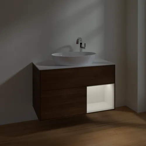 Bild von VILLEROY BOCH Finion Waschbeckenunterschrank, mit Beleuchtung, 2 Auszüge, 1000 x 603 x 501 mm, Walnut Veneer / Glossy White Lacquer / Glass White Matt #F901GFGN
