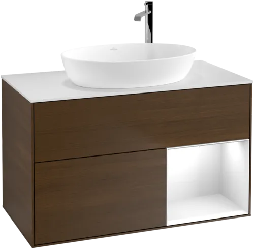 Picture of VILLEROY BOCH Finion Vanity unit, with lighting, 2 pull-out compartments, 1000 x 603 x 501 mm, Walnut Veneer / Glossy White Lacquer / Glass White Matt #F901GFGN