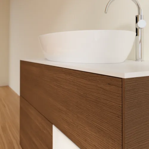 Bild von VILLEROY BOCH Finion Waschbeckenunterschrank, mit Beleuchtung, 2 Auszüge, 1000 x 603 x 501 mm, Walnut Veneer / Glossy White Lacquer / Glass White Matt #F901GFGN