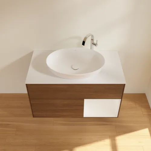 Bild von VILLEROY BOCH Finion Waschbeckenunterschrank, mit Beleuchtung, 2 Auszüge, 1000 x 603 x 501 mm, Walnut Veneer / Glossy White Lacquer / Glass White Matt #F901GFGN