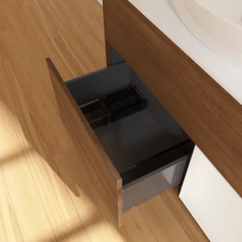 Bild von VILLEROY BOCH Finion Waschbeckenunterschrank, mit Beleuchtung, 2 Auszüge, 1000 x 603 x 501 mm, Walnut Veneer / Glossy White Lacquer / Glass White Matt #F901GFGN