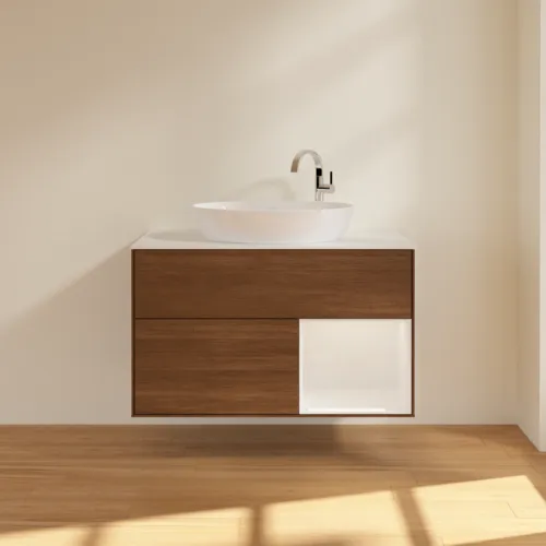 Bild von VILLEROY BOCH Finion Waschbeckenunterschrank, mit Beleuchtung, 2 Auszüge, 1000 x 603 x 501 mm, Walnut Veneer / Glossy White Lacquer / Glass White Matt #F901GFGN