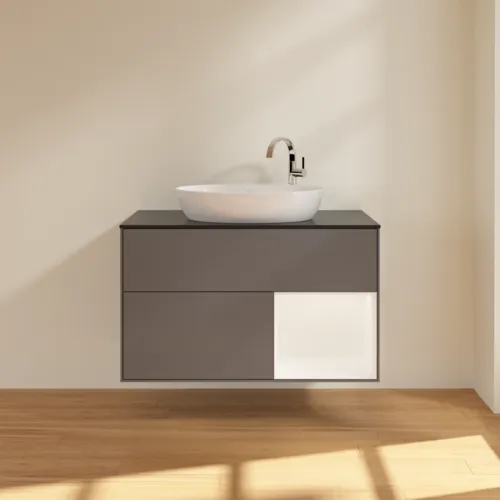 VILLEROY BOCH Finion Waschbeckenunterschrank, mit Beleuchtung, 2 Auszüge, 1000 x 603 x 501 mm, Anthracite Matt Lacquer / White Matt Lacquer / Glass Black Matt #F902MTGK, Bild 2