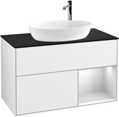Picture of VILLEROY BOCH Finion Vanity unit, with lighting, 2 pull-out compartments, 1000 x 603 x 501 mm, Glossy White Lacquer / White Matt Lacquer / Glass Black Matt #F902MTGF