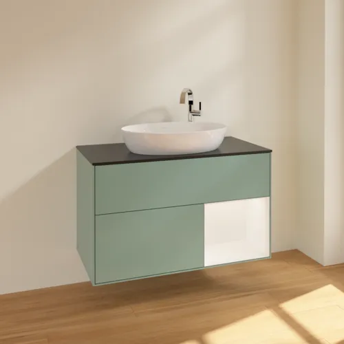 Bild von VILLEROY BOCH Finion Waschbeckenunterschrank, mit Beleuchtung, 2 Auszüge, 1000 x 603 x 501 mm, Olive Matt Lacquer / White Matt Lacquer / Glass Black Matt #F902MTGM