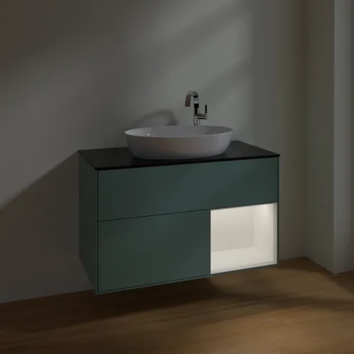 Bild von VILLEROY BOCH Finion Waschbeckenunterschrank, mit Beleuchtung, 2 Auszüge, 1000 x 603 x 501 mm, Olive Matt Lacquer / White Matt Lacquer / Glass Black Matt #F902MTGM