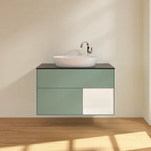 Bild von VILLEROY BOCH Finion Waschbeckenunterschrank, mit Beleuchtung, 2 Auszüge, 1000 x 603 x 501 mm, Olive Matt Lacquer / White Matt Lacquer / Glass Black Matt #F902MTGM