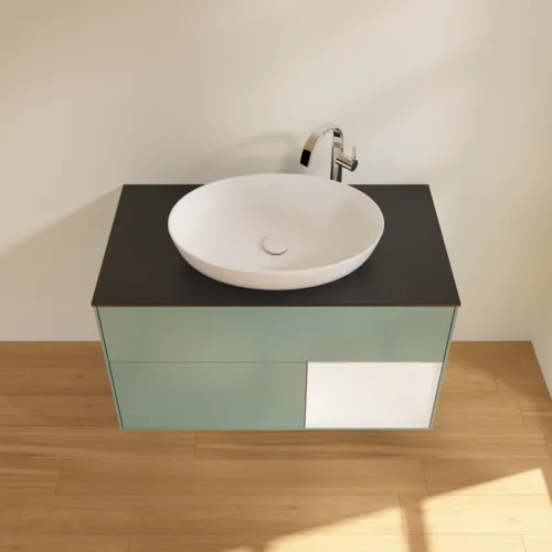 Bild von VILLEROY BOCH Finion Waschbeckenunterschrank, mit Beleuchtung, 2 Auszüge, 1000 x 603 x 501 mm, Olive Matt Lacquer / White Matt Lacquer / Glass Black Matt #F902MTGM