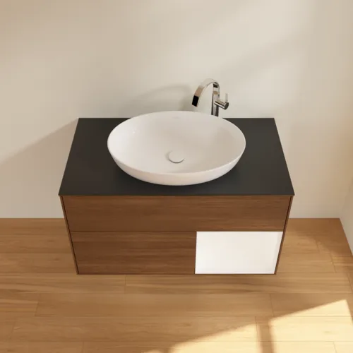 Bild von VILLEROY BOCH Finion Waschbeckenunterschrank, mit Beleuchtung, 2 Auszüge, 1000 x 603 x 501 mm, Walnut Veneer / White Matt Lacquer / Glass Black Matt #F902MTGN
