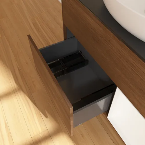 Bild von VILLEROY BOCH Finion Waschbeckenunterschrank, mit Beleuchtung, 2 Auszüge, 1000 x 603 x 501 mm, Walnut Veneer / White Matt Lacquer / Glass Black Matt #F902MTGN