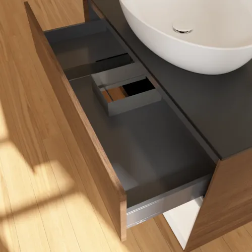 Bild von VILLEROY BOCH Finion Waschbeckenunterschrank, mit Beleuchtung, 2 Auszüge, 1000 x 603 x 501 mm, Walnut Veneer / White Matt Lacquer / Glass Black Matt #F902MTGN