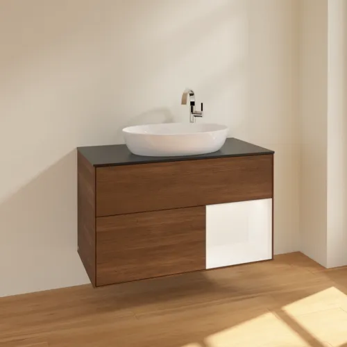 Bild von VILLEROY BOCH Finion Waschbeckenunterschrank, mit Beleuchtung, 2 Auszüge, 1000 x 603 x 501 mm, Walnut Veneer / White Matt Lacquer / Glass Black Matt #F902MTGN