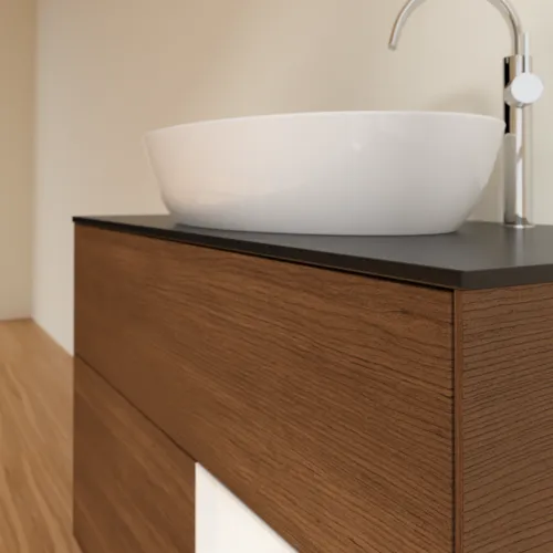 Bild von VILLEROY BOCH Finion Waschbeckenunterschrank, mit Beleuchtung, 2 Auszüge, 1000 x 603 x 501 mm, Walnut Veneer / White Matt Lacquer / Glass Black Matt #F902MTGN