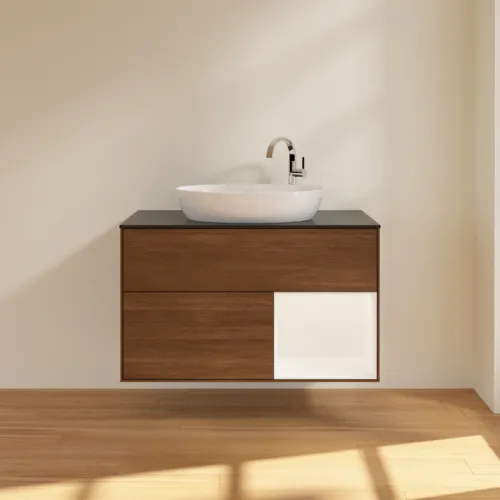 Bild von VILLEROY BOCH Finion Waschbeckenunterschrank, mit Beleuchtung, 2 Auszüge, 1000 x 603 x 501 mm, Walnut Veneer / White Matt Lacquer / Glass Black Matt #F902MTGN