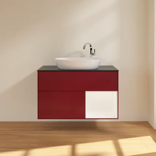 Bild von VILLEROY BOCH Finion Waschbeckenunterschrank, mit Beleuchtung, 2 Auszüge, 1000 x 603 x 501 mm, Peony Matt Lacquer / White Matt Lacquer / Glass Black Matt #F902MTHB