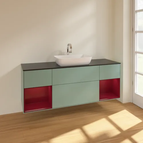 Bild von VILLEROY BOCH Finion Waschbeckenunterschrank, mit Beleuchtung, 4 Auszüge, 1600 x 603 x 501 mm, Olive Matt Lacquer / Peony Matt Lacquer / Glass Black Matt #F862HBGM