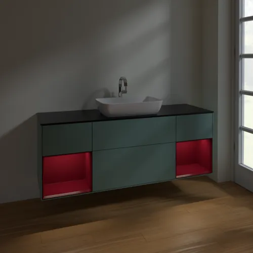 Bild von VILLEROY BOCH Finion Waschbeckenunterschrank, mit Beleuchtung, 4 Auszüge, 1600 x 603 x 501 mm, Olive Matt Lacquer / Peony Matt Lacquer / Glass Black Matt #F862HBGM