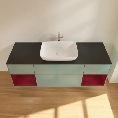 Bild von VILLEROY BOCH Finion Waschbeckenunterschrank, mit Beleuchtung, 4 Auszüge, 1600 x 603 x 501 mm, Olive Matt Lacquer / Peony Matt Lacquer / Glass Black Matt #F862HBGM