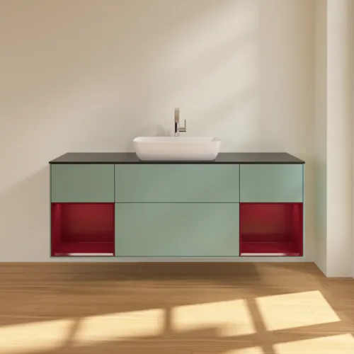 Bild von VILLEROY BOCH Finion Waschbeckenunterschrank, mit Beleuchtung, 4 Auszüge, 1600 x 603 x 501 mm, Olive Matt Lacquer / Peony Matt Lacquer / Glass Black Matt #F862HBGM