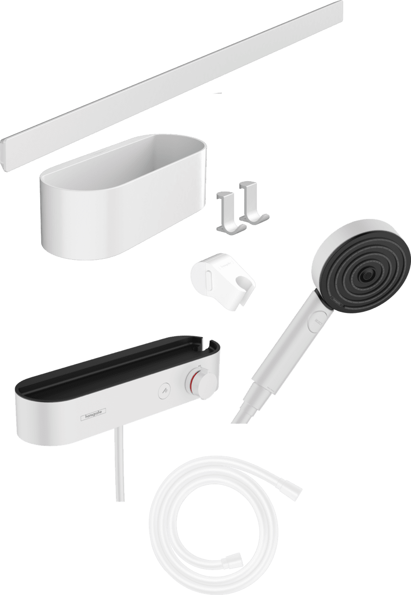 Bild von HANSGROHE WallStoris Bundle Handbrause 105 3jet Activation EcoSmart, Thermostat, Wandstange 70 cm und Accessoireset Mattweiß 24250700