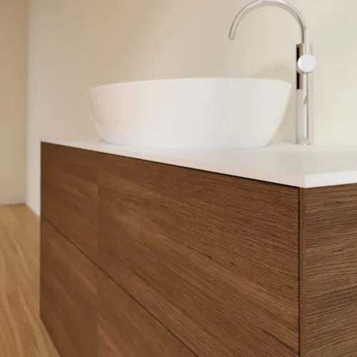 Bild von VILLEROY BOCH Finion Waschbeckenunterschrank, 4 Auszüge, 1200 x 603 x 501 mm, Walnut Veneer / Glass White Matt #F91100GN