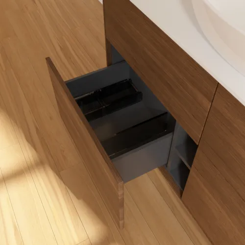 Bild von VILLEROY BOCH Finion Waschbeckenunterschrank, 4 Auszüge, 1200 x 603 x 501 mm, Walnut Veneer / Glass White Matt #F91100GN