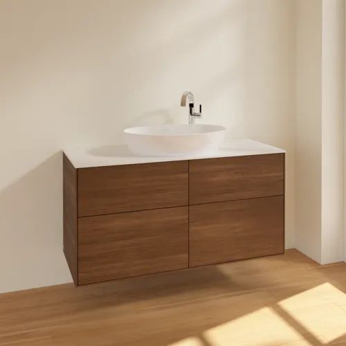 Bild von VILLEROY BOCH Finion Waschbeckenunterschrank, 4 Auszüge, 1200 x 603 x 501 mm, Walnut Veneer / Glass White Matt #F91100GN
