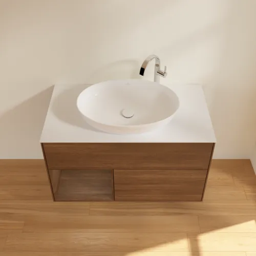 Bild von VILLEROY BOCH Finion Waschbeckenunterschrank, mit Beleuchtung, 2 Auszüge, 1000 x 603 x 501 mm, Walnut Veneer / Walnut Veneer / Glass White Matt #F891GNGN